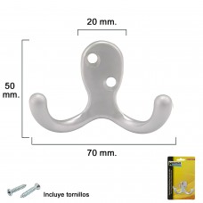 Gancho duplo prateado fosco para parafusar com parafusos incluídos.