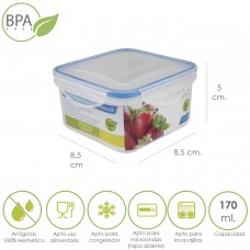 Bacia plástica quadrada hermética 170 ml. 8,5x8,5x5 (A) cm.