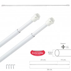 Haste de cortina extensível 23/38 cm. Com mola de pressão, suportes e ventosas (2 peças)
