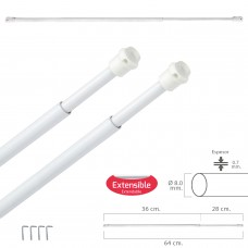 Haste de cortina extensível 36/64 cm. Com mola de pressão, suportes e ventosas (2 peças)