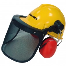Capacete com viseira, protetor de rosto em grade e protetor auditivo