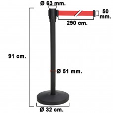 Poste separador de fita extensível de 3 metros. Ø Base 32 cm. Ø tubo de 5,1 cm. Altura 91 cm