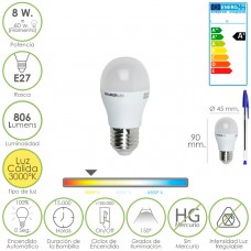 Bombilla Led Globo Mini Rosca E27. 8 Watt. Equivale A 60 Watt. 806 Lumenes. Luz Cálida (3000º K.)