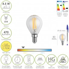 Bombilla Led Filamento Globo Mini Rosca E14. 4,5 Watt. Equivale A 40 Watt. 470 Lumenes. Luz Cálida (2700º K.)