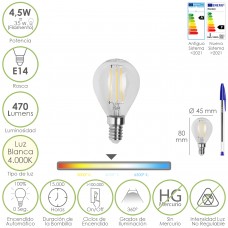 Bombilla Led Filamento Globo Rosca E14. 4,5 Watt. Equivale A 35 Watt. 470 Lumenes. Luz Neutra 4000º K.