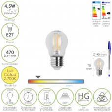 Bombilla Led Filamento Globo Rosca E27. 4,5 Watt. Equivale A 35 Watt. 470 Lumenes. Luz Calida 2700º K.