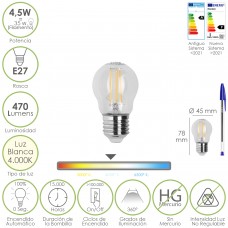 Bombilla Led Filamento Globo Rosca E27. 4,5 Watt. Equivale A 35 Watt. 470 Lumenes. Luz Neutra 4000º K.