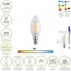 Bombilla Led Filamento Vela Rosca E14. 4,5 Watt. Equivale A 35 Watt. 470 Lumenes. Luz Neutra 4000º K.