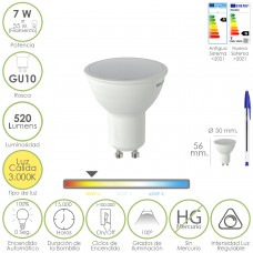Bombilla Led Dicroica Rosca GU10.  7 Watt. Equivale A 55 Watt. 520 Lumenes.Regulable Luz Cálida (3000º K.)