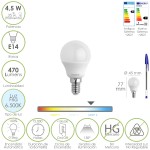 Bombilla Led Esferica Rosca E14 4.5 Watt. Equivale A 55 Watt. 470 Lumenes. Luz Fria (6500º K)