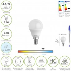 Bombilla Led Esferica Rosca E14 4.5 Watt. Equivale A 55 Watt. 470 Lumenes. Luz Fria (6500º K)