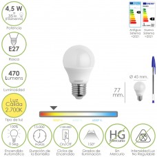 Bombilla Led Esferica Rosca E27 4.5 Watt. Equivale A 55 Watt. 470 Lumenes. Luz Cálida (2700º K)
