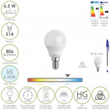 Bombilla Led Esfera Rosca E14. 6.5 Watt. Equivale A 55 Watt. 806 Lumenes. Luz Fría 6500º K.)