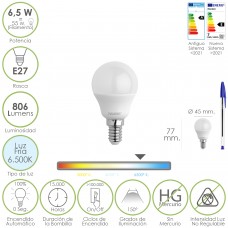 Bombilla Led Esfera Rosca E27. 6.5 Watt. Equivale A 55 Watt. 806 Lumenes. Luz Fría 6500º K.