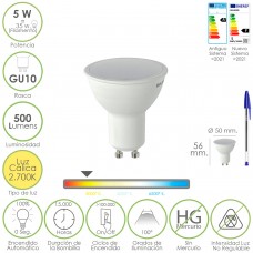 Bombilla Led Dicroica Rosca GU10. 5 Watt. Equivale A 50 Watt. 500 Lumenes. Luz Cálida (2700º K.)