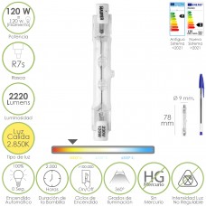 Bombilla Halogena Para Focos Rosca R7S. 120 Watt. 2220 Lumenes. Luz Cálida (2850º K.)