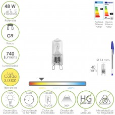 Bombilla Halogena G-9. 48 W. 740 lumenes. Luz cálida (3.000º K)