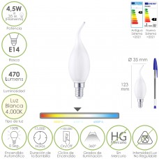 Bombilla Led Filamento Vela Llama Esmerilada E14. 4,5 Watt. Equivale A 35 Watt. 470 Lumenes. Luz Neutra 4000º K.