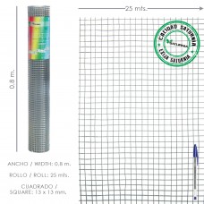 Malha galvanizada eletrosoldada 13x13 / 80 cm. Rolo de 25 metros de uso doméstico