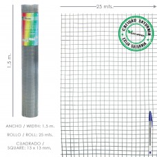 Malha galvanizada eletrosoldada 13x13 / 150 cm. Rolo de 25 metros de uso doméstico