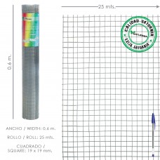 Malha eletrossoldada galvanizada 19x19 / 60 cm. Rolo de 25 metros de uso doméstico