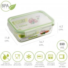 Recipiente Hermético de Cristal Retangular 550 ml. 16,7 x 11,8 x 6,2 (alt) cm.