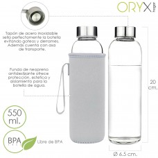 Garrafa de Água Cristal 550 ml. Luva de neoprene com alça. Sem BPA