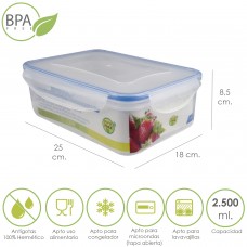 Recipiente hermético de plástico retangular 2.500 ml. 25x18x8,5 (H) cm.