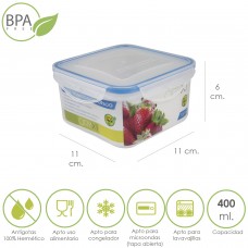 Recipiente Hermético de Plástico Quadrado 400 ml. 11x11x6 (A) cm.