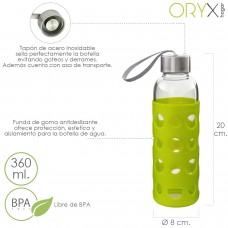 Garrafa de água de vidro com tampa de borracha e tampa antiderrapante de 360 ??ml.