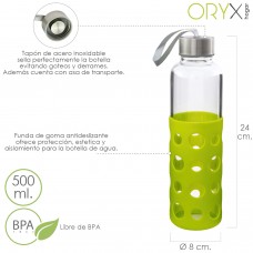 Garrafa de água de vidro com tampa de borracha e tampa antiderrapante 500 ml.